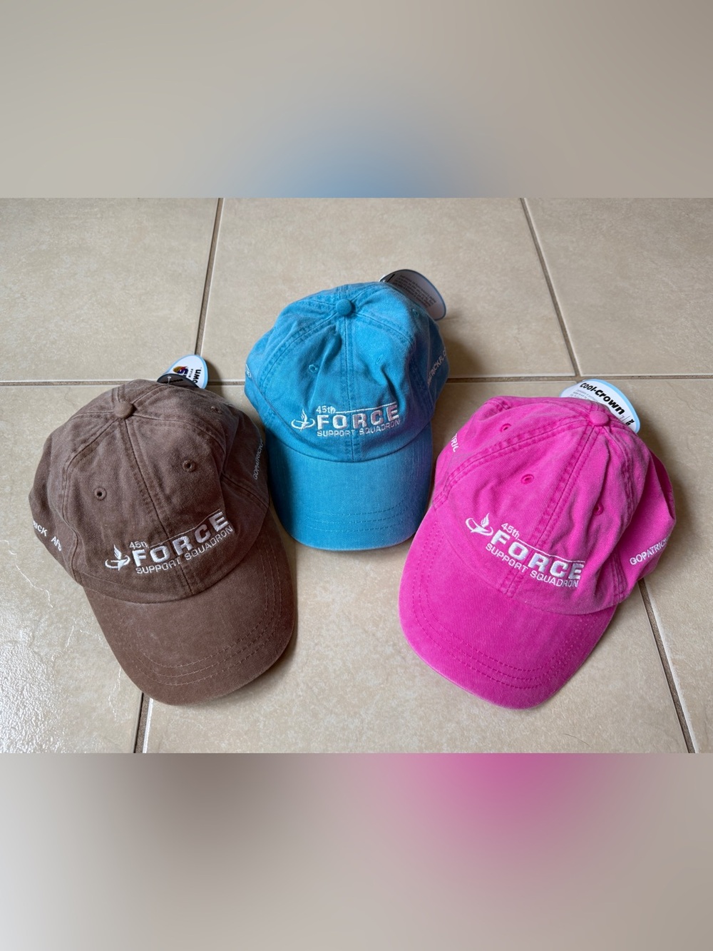 Lot of 3 Adams Cool-Crown Hats 45th Force Support Squadron Caps Pink Blue Tan